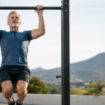 Man in his 50s performing a pull-up outdoors
