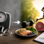 Scale and measuring tape beside healthy food, dumbbells, muscle illustration, and running to represent the shift from weight loss to body composition and fitness after 50