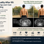 Infographic showing two lean-looking adults with similar BMI but different skeletal muscle quality on CT, illustrating myosteatosis, muscle fat infiltration, strength, mobility, metabolic health, and healthy aging after 50.