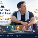 Middle-aged man considering whether to lose fat or build muscle first after 50, with five body goals from healthy weight to longevity and function.