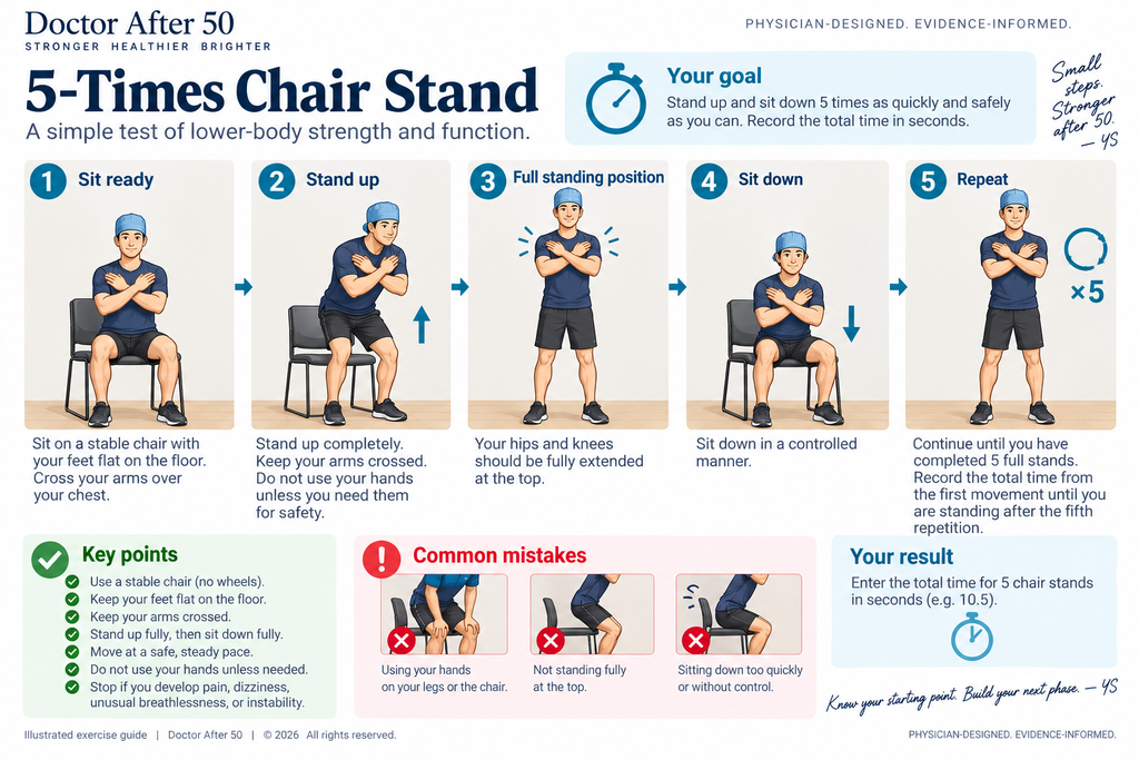 Illustrated guide showing the correct technique for the 5-Times Chair Stand test, including common mistakes and safety points.
