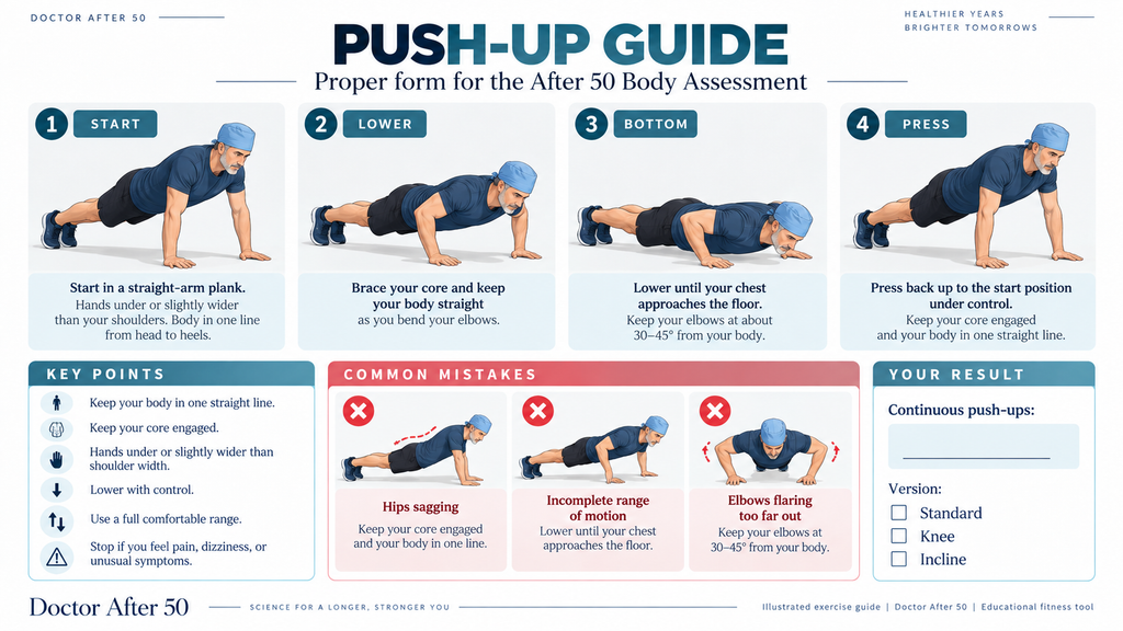 Illustrated guide showing correct push-up form for the After 50 Body Assessment, including start position, lowering, bottom position, pressing up, common mistakes, and safety points.