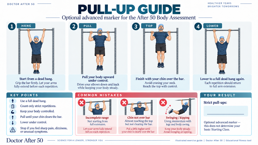 Illustrated guide showing correct strict pull-up form for the After 50 Body Assessment, including dead hang, pulling, chin over the bar, controlled lowering, common mistakes, and safety points.