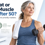 Healthy woman over 50 lifting a dumbbell, illustrating the choice between losing body fat and building muscle after 50.