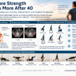 Infographic explaining why core strength matters more after 40, featuring the psoas muscle, CT examples of muscle loss, daily functional movements, and machine-free exercises including planks, bird dogs, squats, push-ups, and loaded carries.