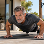 Man in his 50s doing bodyweight strength training, representing intentional weight gain, strength, and long-term fitness after 50.