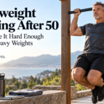 Man in his 50s performing a pull-up outdoors, illustrating bodyweight strength training, progressive exercise, and long-term fitness after 50.