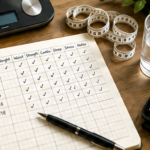 Health tracking setup with a body scale, measuring tape, notebook, and smartwatch representing weight, waist circumference, strength, fitness, sleep, recovery, and long-term health tracking after 50.