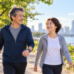 A middle-aged man and woman walking together along a sunny waterfront path, enjoying an active and healthy lifestyle after 50.